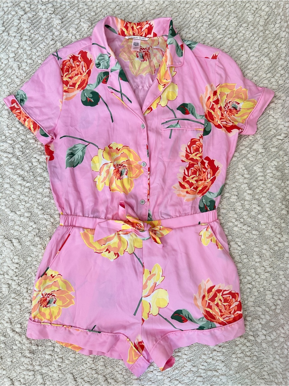 Victoria's Secret Pajama Romper M Pink Floral Satin Button Front Lounge